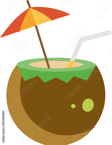 A whole coconut prepared as a drink, complete with a striped straw and a small parasol, symbolizing tropical vacation, refreshment, or exotic beverages.