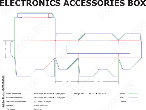 Vector illustration showing a die cut template of an electronics accessories box design with dimensions and manufacturing specifications.