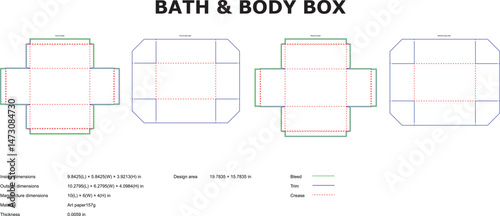 Detailed technical drawings of a bath and body product box template showing different layouts and dimensions