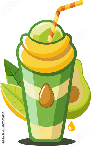 A vibrant green and yellow smoothie cup with a striped straw, topped with creamy swirls, and accompanied by an avocado half and leaves, symbolizing a healthy avocado smoothie or a nutritious drink.