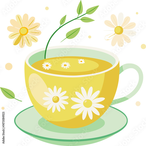 A cheerful yellow teacup with daisy patterns on a green saucer, filled with chamomile tea and decorated with a fresh plant stem and floating daisies, symbolizing relaxation, herbal tea, or natural wel