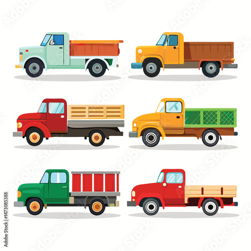 Six classic flatbed transport isolated on white background