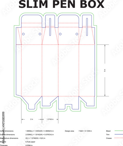 Detailed vector layout of a slim pen box packaging design with dimensions for manufacturing and assembly specifications