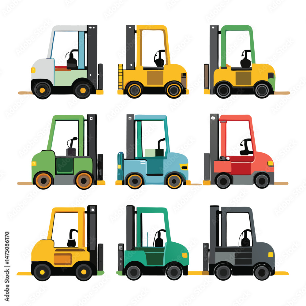Fototapeta premium Six classic forklift transport isolated on white background