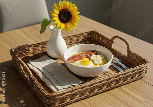 Bowl of eggs next to bowl of fruit on table.