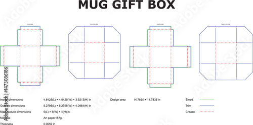 Detailed diagram of a mug gift box showing design for print dimensions and various foldable panel templates