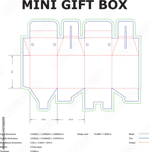 Detailed flat vector illustration showing a mini gift box packaging template with dimensions and cut lines for assembly.
