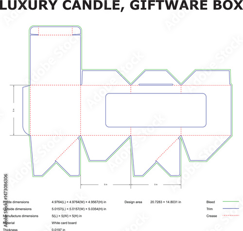 Detailed diagram of a luxury candle giftware box showing dimensions bleed trim and crease lines on white background.