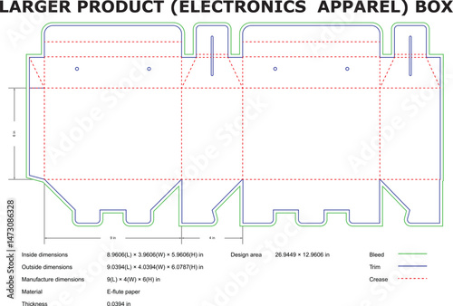 Detailed technical diagram of a corrugated cardboard packaging box design with bleed trim and crease lines specifications