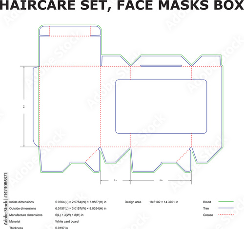 Vector blueprint template for a custom haircare set face masks box packaging design with precise dimensions