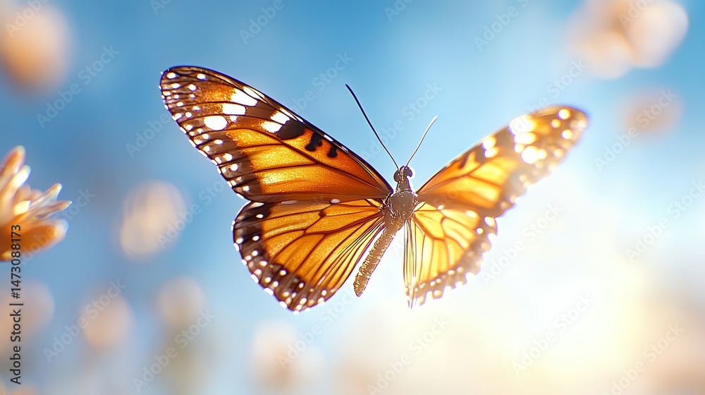 Fototapeta premium Monarch butterfly in flight close up macro shot with orange and black wings against a bright blue sky capturing the beauty of nature and insect details