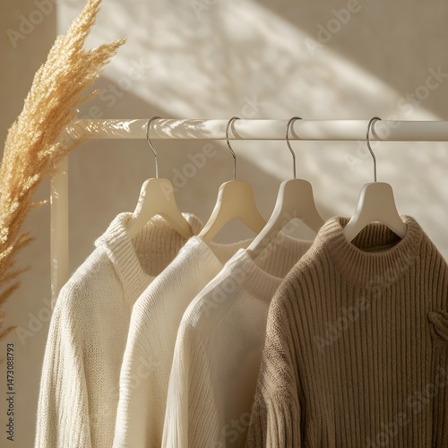 sustainable fashion concept Stylish knitwear hung on a rack with soft, natural light highlighting the textures.