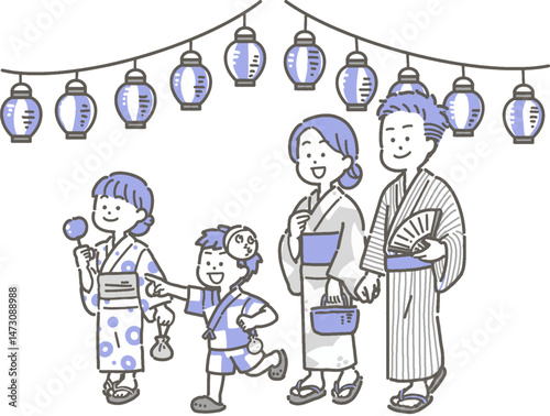 浴衣を着て提灯の下を歩く家族のイラスト

