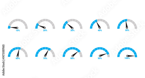 Speedometer set 10%, 20%, 30%, 40%, 50%, 60%, 70%, 80%, 90% and 100% icon or speedometer symbol design vector illustration isolated on white background.
