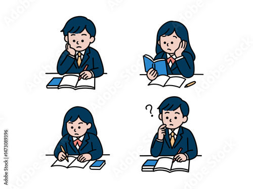 勉強中の中高生4人セット 表情差分 イラスト