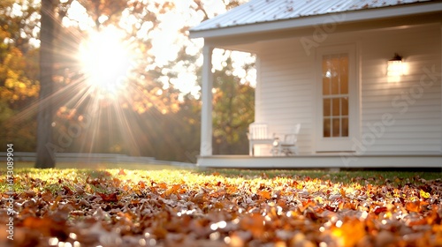 Peaceful autumn scene sunlight bathes a white cottage surrounded by fallen leaves a warm inviting atmosphere enhanced by sunlight perfect for seasonal projects and adding a cozy feeling to your work