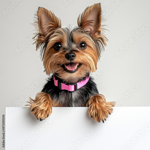 A cheerful small dog with long hair, wearing a pink collar, rests paws on a white sign, smiling at the camera
