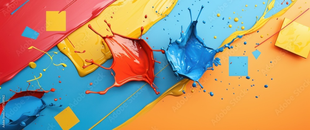 Fototapeta premium Energetic paint splashes in red yellow and blue plus subtle geometric shapes create a playful dynamic wallpaper.