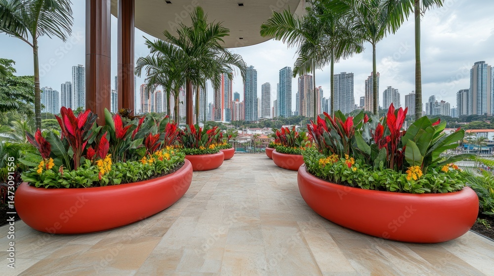 Fototapeta premium Outdoor patio with vibrant planters, city view