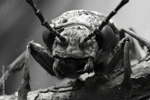 detailed visual  of longhorn beetle closeup face on branch closeup face insect photo