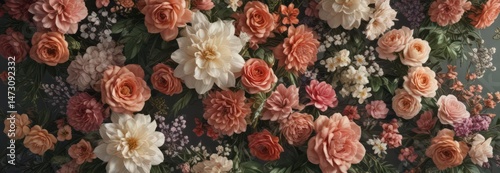 Vintage floral backdrop, lush artificial blooms,  pastel, artificial flowers
