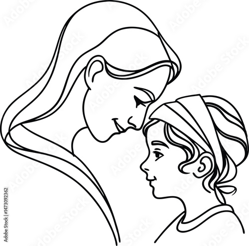 Simple black and white line drawing of a mother lovingly gazing at her child with a tender embrace