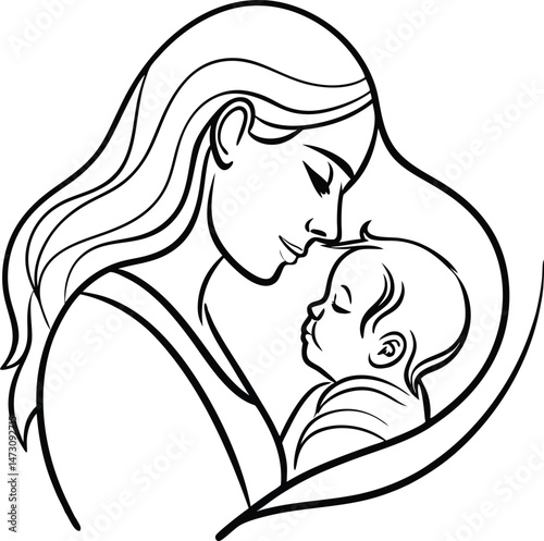 Illustration of a loving mother tenderly embracing her sleeping baby in a black and white line art style