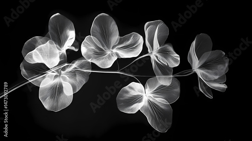 X-ray style grayscale image of delicate flower branch. [Abyssal Gardens] | Abyss Bloom | shadowed flora. Illustration