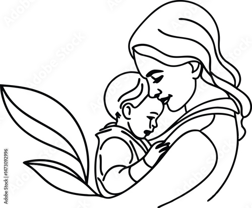 Delicate line drawing of a loving mother cradling her child representing maternal care and tenderness vector illustration