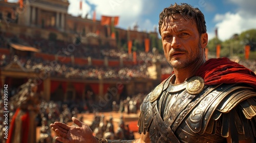 Ancient Roman warrior gazing at a vast arena.
