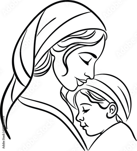 Elegant black and white illustration of a mother embracing her child depicting love and tenderness family bond