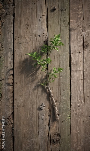 Delicate green shoot pushing through aged, weathered wood  Focus on vibrant new growth , plant,  spring
