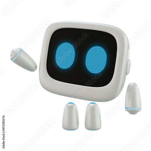 Cute robot 3D character with a pointing up gesture. 3D render.