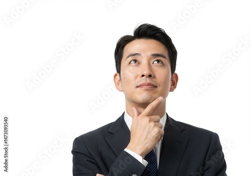 Pensive asian businessman in suit looking up with finger on chin against white background