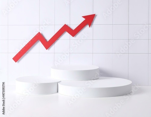 Ascending Red Arrow Growth Chart White Cylindrical Podium Display