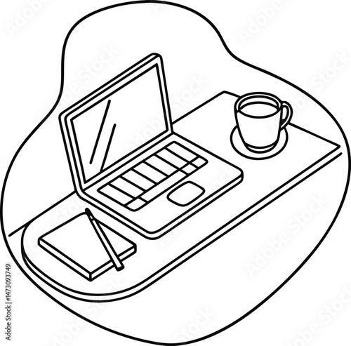 A minimalist black and white line art illustration featuring a laptop coffee cup notepad and pen representing work and study.