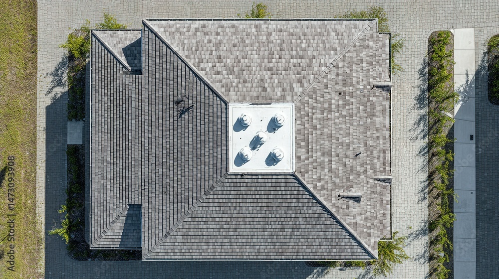 Obraz premium High-angle view of a modern building's gray tiled roof.