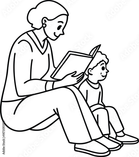 A mother reading a storybook to her young child in a simple black and white illustration