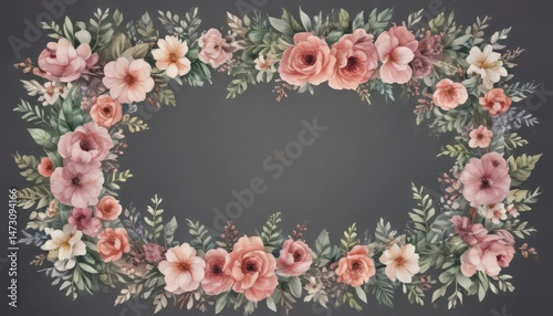 Delicate watercolor floral wreath, petal patterns  , frame, foliage