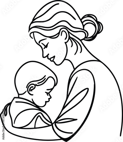 Tender embrace of a mother and child a line art illustration depicting parental love and affection