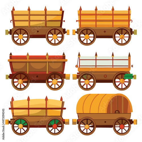 Six classic hay wagon transport isolated on white background
