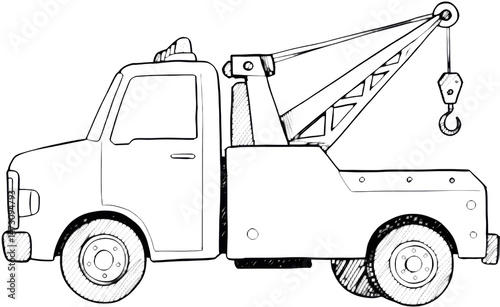 Outline drawing of a tow truck with crane and hook  