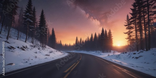 Asphalt road winds through snowy forest towards vibrant sunrise, Milky Way overhead ,  nature,  stars,  ethereal
