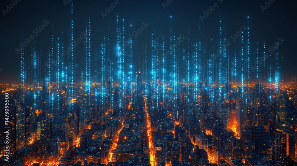 Fototapeta premium Night city, illuminated by digital data streams. Urban skyline with glowing light trails