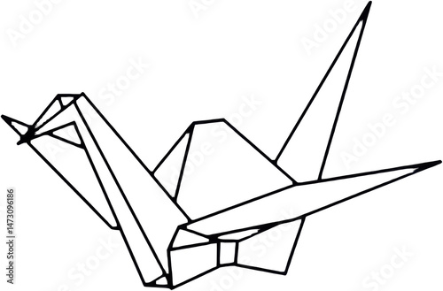 Origami crane in black line art style on white background  