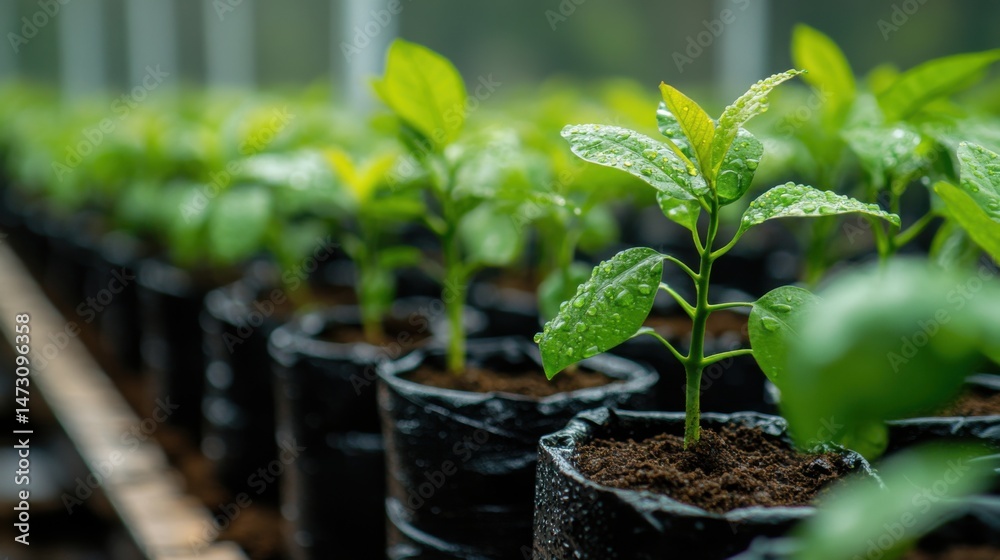 A row of young saplings in black nursery bags, placed in a well-organized greenhouse A row of young saplings in black nursery bags, placed in a well-organized greenhouse