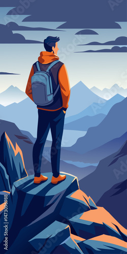 Backpacker Reaching the Summit of a Mountain vector Background