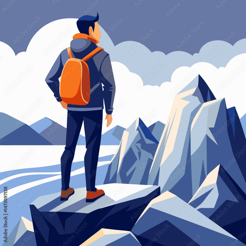 Fototapeta premium Backpacker Reaching the Summit of a Mountain vector Background