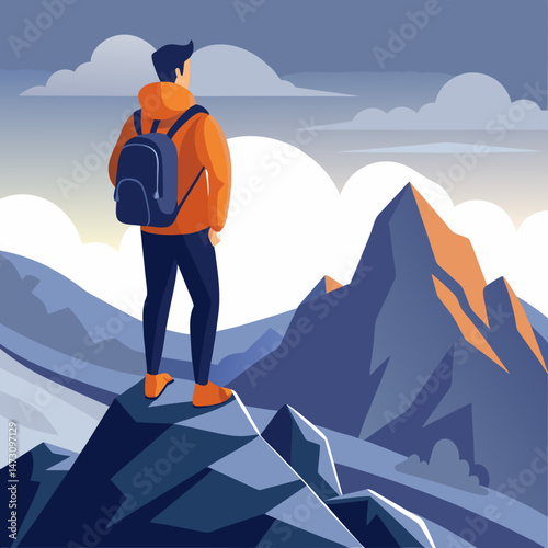 Backpacker Reaching the Summit of a Mountain vector Background