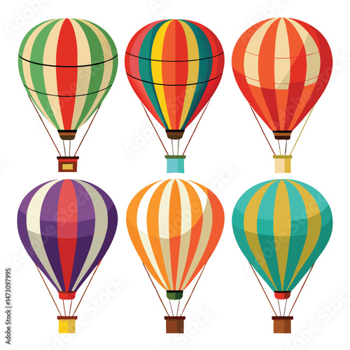 Six classic hot air ballon transport isolated on white background